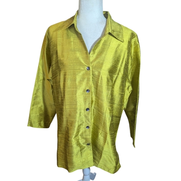 TravelSmith Chartreuse 100% Silk Dupioni Textured Tunic Button Up Blouse Sz xL - Picture 5 of 10